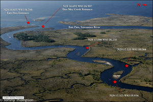 An aerial view of Dan May Creek and East Pass of the Suwannee River, looking towards the Gulf of Mexico