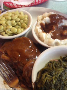 A recent lunchtime special: hamburger steak, real mashed potatoes, lima beans and mustard greens!