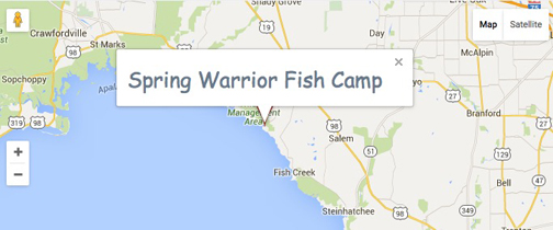 To reach Spring Warrior Fish Camp from Perry, take Puckett Road to Spring Warrior Road and turn right. From Keaton Beach and Steinhatchee, take Beach Road to Ma Dixon Road, turn left to Spring Warrior Road--and left again.