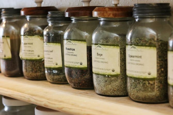 Bulk herbs line the shelves at Mosswood Bakery.