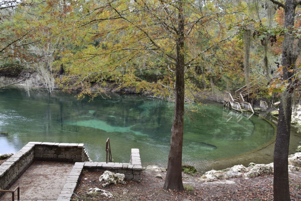 beautiful clear-green water of spring with steps leading down on both sides