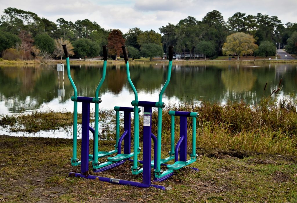 Exercise stations surround Lake