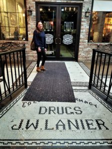 Entrance to restaurant, with original tile floor for the 1920s J. W. Lanier Drug Store 