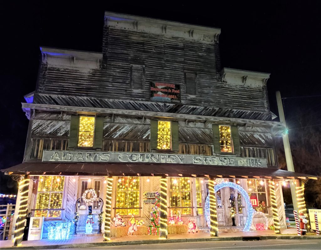 Adams Country Store decorated for Christmas--lots of lights